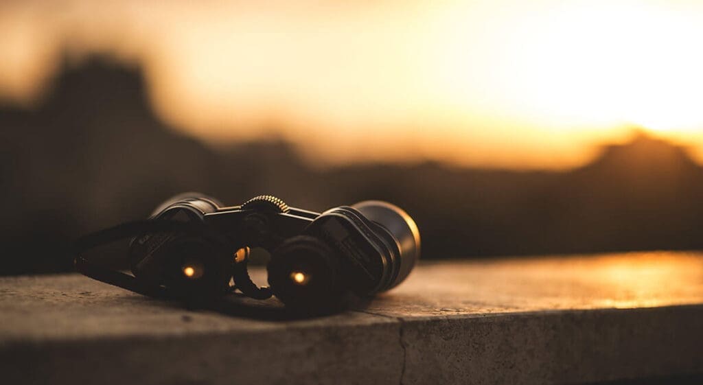 Binoculars resting on a stone ledge at sunset